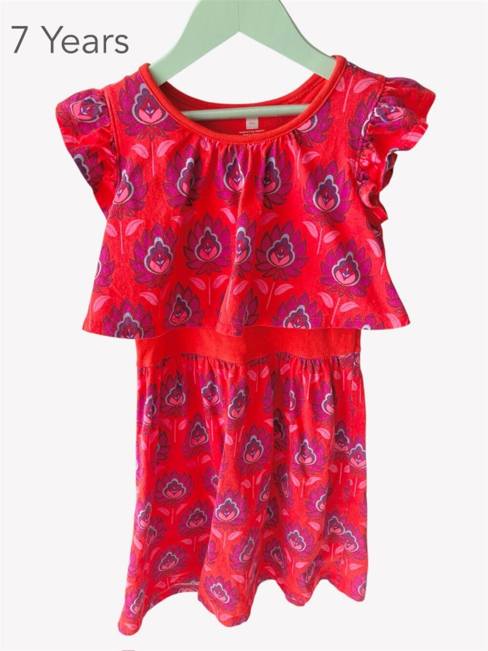 💙2/$25 Tea Collection Size 7 Girl Red Floral Lotus Tiered Dress Summer Wedding